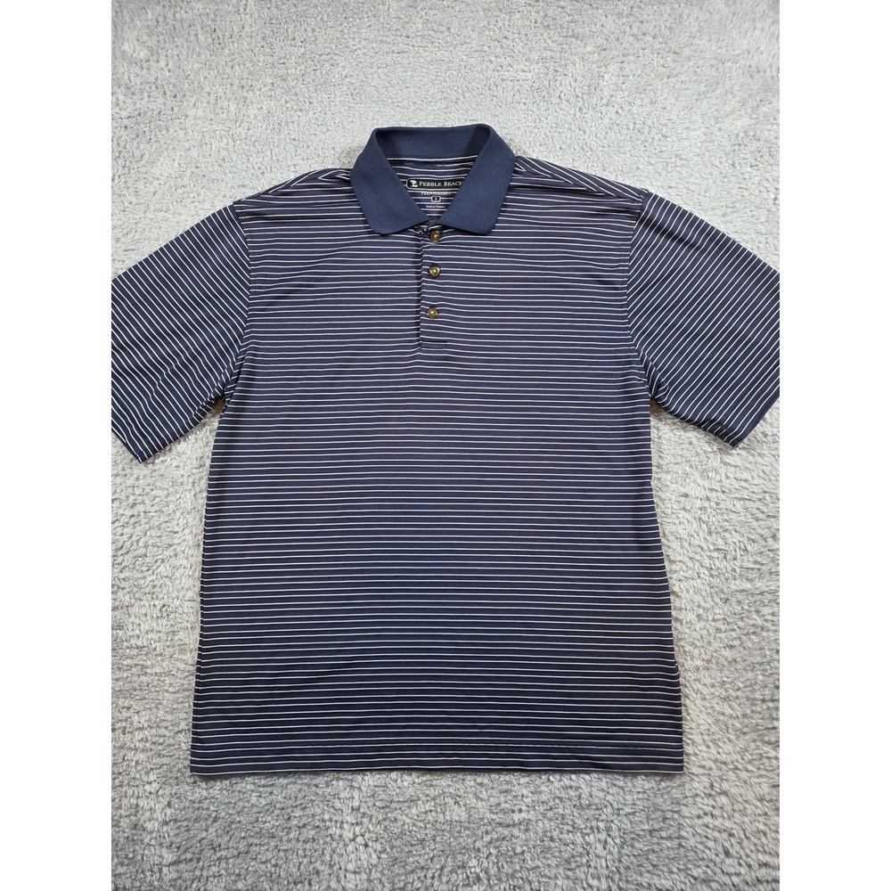 Pebble Beach Polo Shirt S Navy Blue Mens Striped Performance Short Sleeve Golf